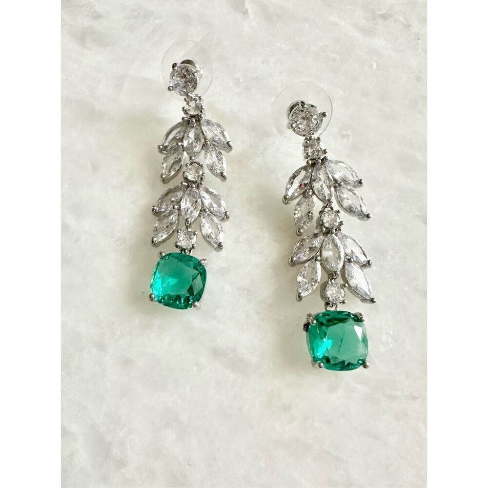 Cubic zirconia and aqua blue cushion cut dangle earrings  - Picture 2 of 2